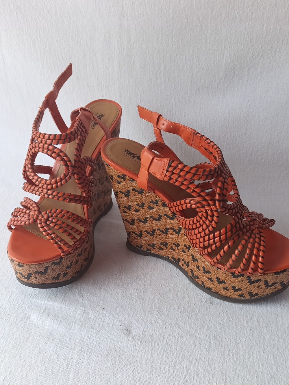 Braided Orange Rope Wedge Sandals with Patterned Platform